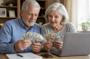 Older couple in front of laptop at a desk holding money, looking hopeful.