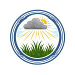 Logo of Rightful Money Services, grey cloud blocking sun, but rays coming down to grass with dollar signs in grass.