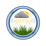Logo of sun shining through grey clouds down to grass with dollar signs