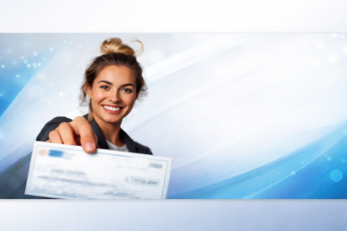 Smiling woman handing you a check with a blue gradient background